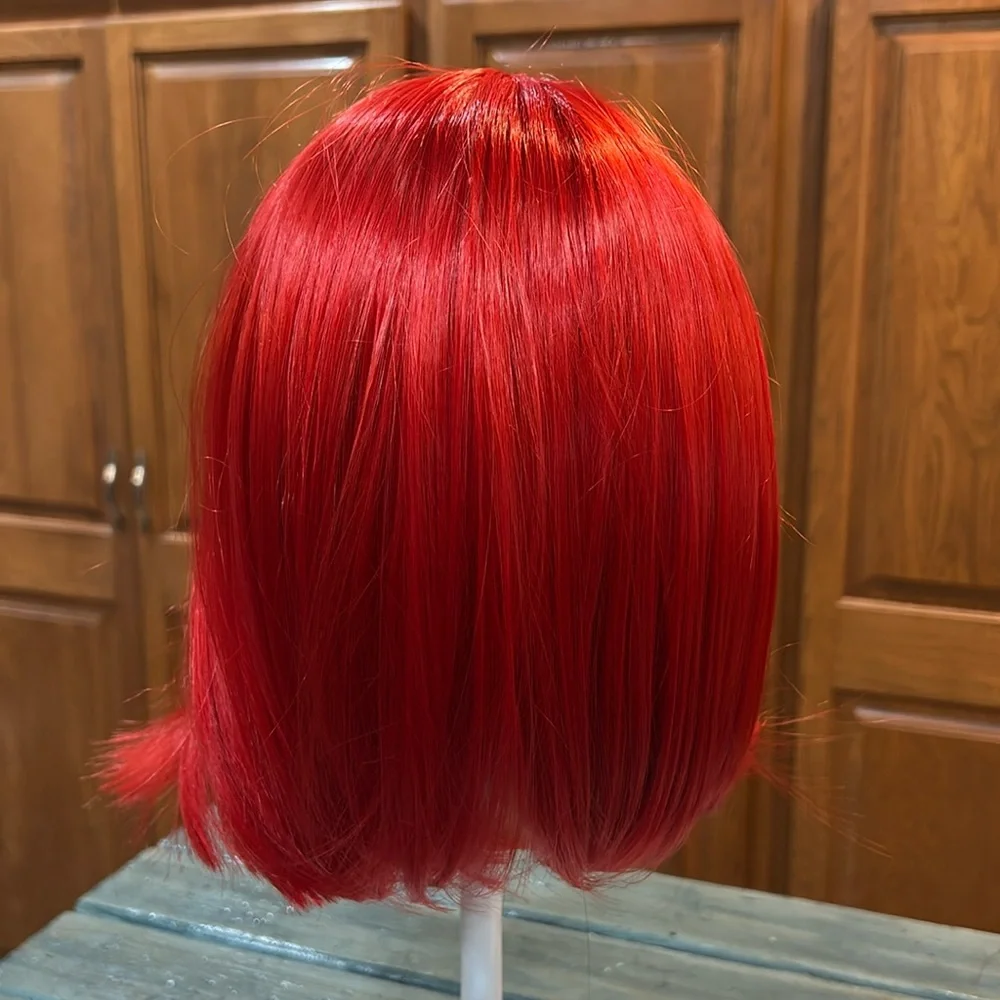 NWOT Red Medium Length Synthetic Wig w/ Bangs Open Mesh Cap Adjustable Strap